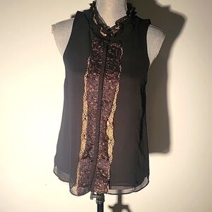 Jennifer Lopez Sheer Sleeveless Black & Gold Button Down Blouse, Size: XS